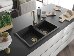 Mexen Tomas évier en granit 2 bacs 800 x 500 mm, noir/argent métallique, siphon doré - 6516802000-73-G