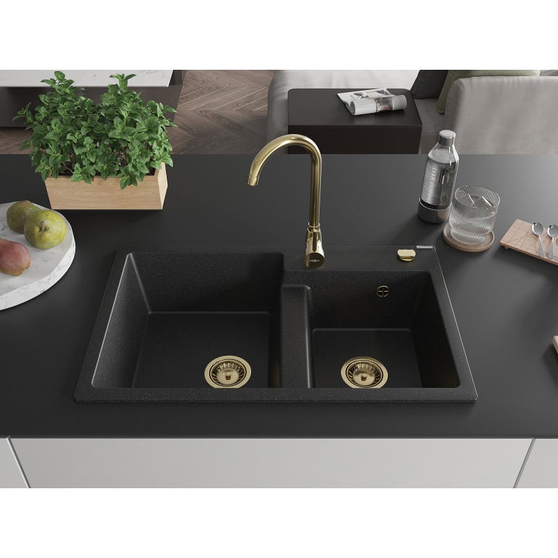 Mexen Tomas évier en granit 2 bacs 800 x 500 mm, noir/argent métallisé, siphon doré - 6516802000-73-G