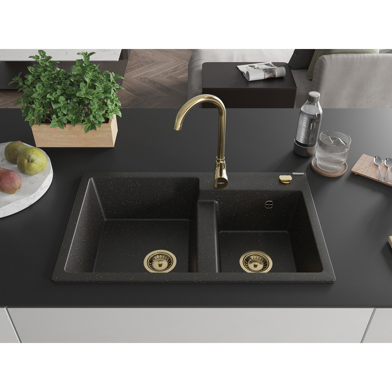 Mexen Tomas évier en granit à 2 bacs 800 x 500 mm, noir/doré métallique, siphon doré - 6516802000-75-G