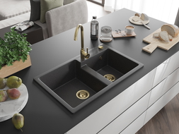 Mexen Tomas évier en granit à 2 cuves 800 x 500 mm, Noir moucheté, siphon Or - 6516802000-76-G