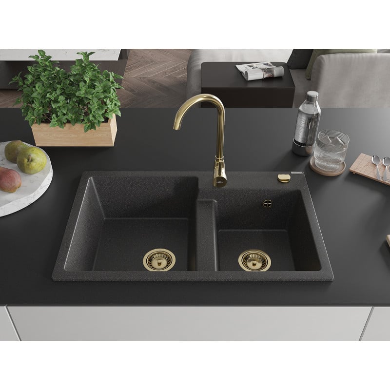 Mexen Tomas évier en granit à 2 bacs 800 x 500 mm, noir moucheté, siphon doré - 6516802000-76-G