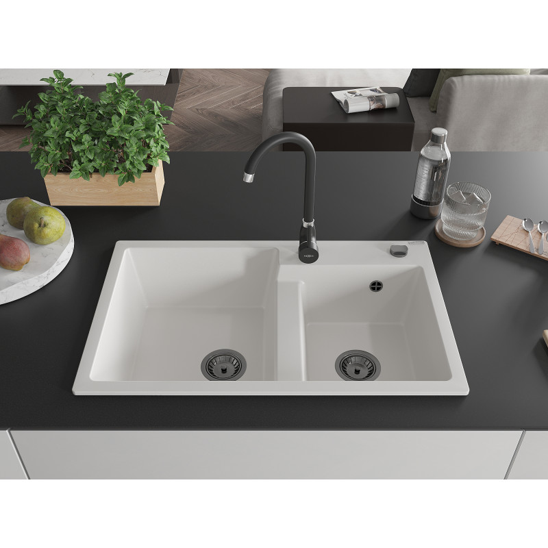 Mexen Tomas évier granit 2 bacs 800 x 500 mm, blanc, siphon noir - 6516802000-20-B