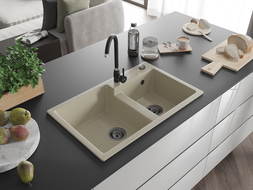 Mexen Tomas évier en granit à 2 cuves 800 x 500 mm, Beige, siphon Noir - 6516802000-69-B