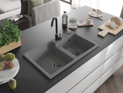 Mexen Tomas Évier de cuisine en granit 2 bacs 800 x 500 mm, gris, siphon noir - 6516802000-71-B