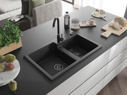 Mexen Tomas évier en granit à 2 cuves 800 x 500 mm, Noir/ Argent métallique, siphon Noir - 6516802000-73-B