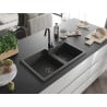 Mexen Tomas évier en granit 2 bacs 800 x 500 mm, noir moucheté, siphon noir - 6516802000-76-B