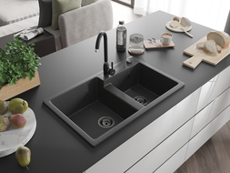 Mexen Tomas évier en granit à 2 cuves 800 x 500 mm, Noir moucheté, siphon Noir - 6516802000-76-B