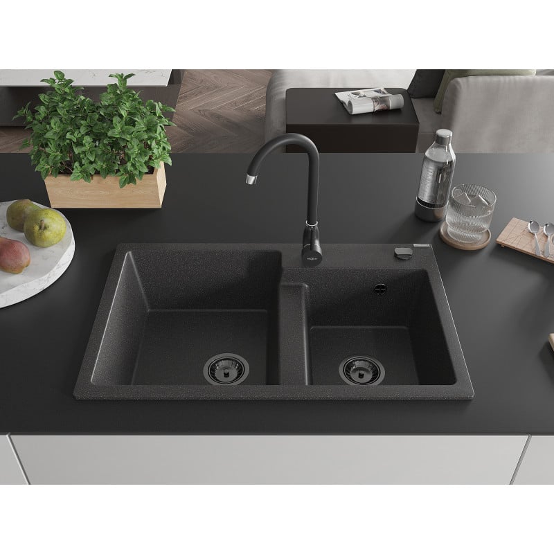 Mexen Tomas évier en granit 2 bacs 800 x 500 mm, noir moucheté, siphon noir - 6516802000-76-B