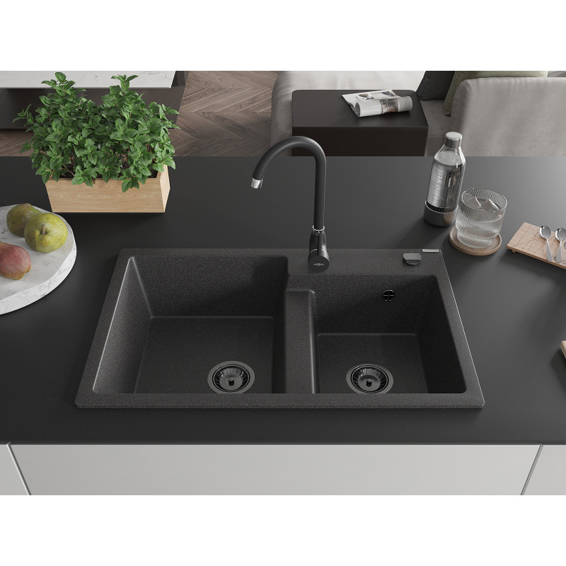 Mexen Tomas évier en granit à 2 bacs 800 x 500 mm, noir moucheté, siphon noir - 6516802000-76-B