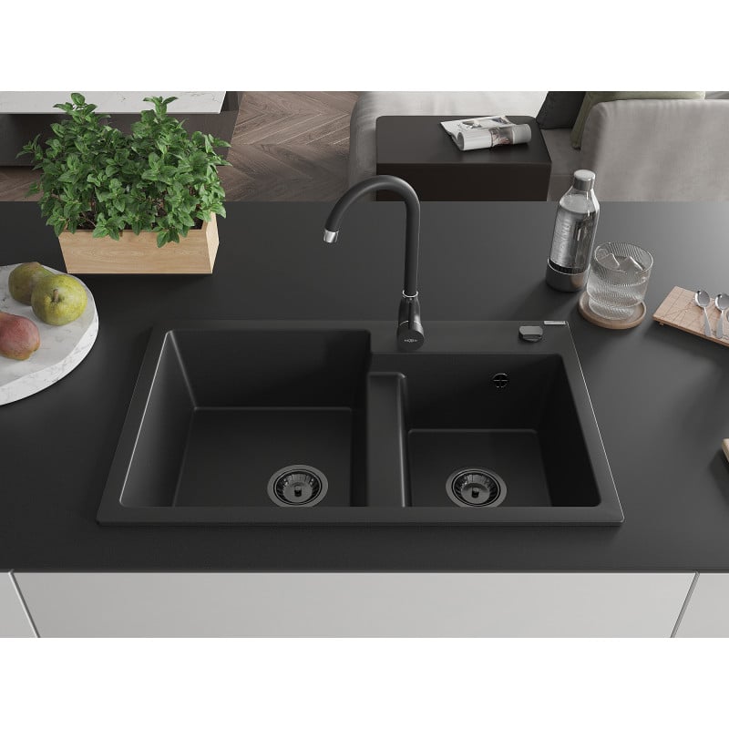 Mexen Tomas évier en granit 2 bacs 800 x 500 mm, noir, siphon noir - 6516802000-77-B