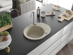 Mexen Kevin évier en granit 1 bac avec égouttoir 586 x 458 mm, beige, siphon chromé - 6517581005-69