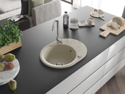 Mexen Kevin évier en granit à 1 cuve avec égouttoir 586 x 458 mm, Beige, siphon Chrome - 6517581005-69
