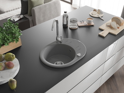 Mexen Kevin évier en granit à 1 cuve avec égouttoir 586 x 458 mm, Gris, siphon Chrome - 6517581005-71