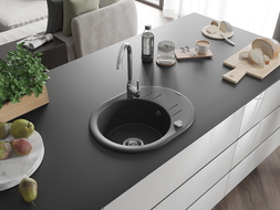 Mexen Kevin évier en granit à 1 cuve avec égouttoir 586 x 458 mm, Noir moucheté, siphon Chrome - 6517581005-76