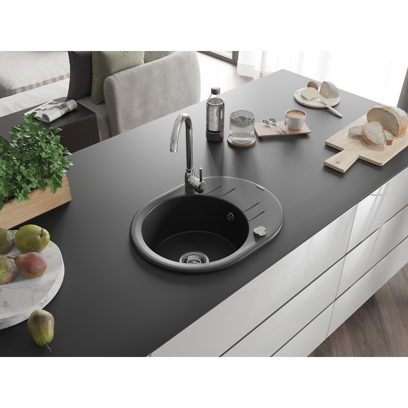 Mexen Kevin évier en granit à 1 bac avec égouttoir 586 x 458 mm, noir, siphon chromé - 6517581005-77