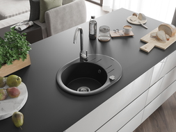 Mexen Kevin évier en granit à 1 cuve avec égouttoir 586 x 458 mm, Noir, siphon Chrome - 6517581005-77