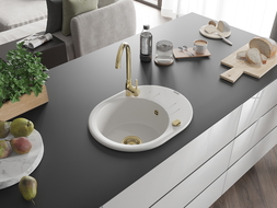 Mexen Kevin évier en granit à 1 cuve avec égouttoir 586 x 458 mm, Blanc, siphon Or - 6517581005-20-G