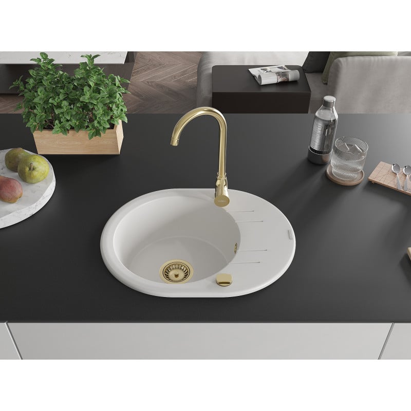 Mexen Kevin évier en granit 1 bac avec égouttoir 586 x 458 mm, blanc, siphon doré - 6517581005-20-G
