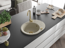 Mexen Kevin évier en granit à 1 cuve avec égouttoir 586 x 458 mm, Beige, siphon Or - 6517581005-69-G
