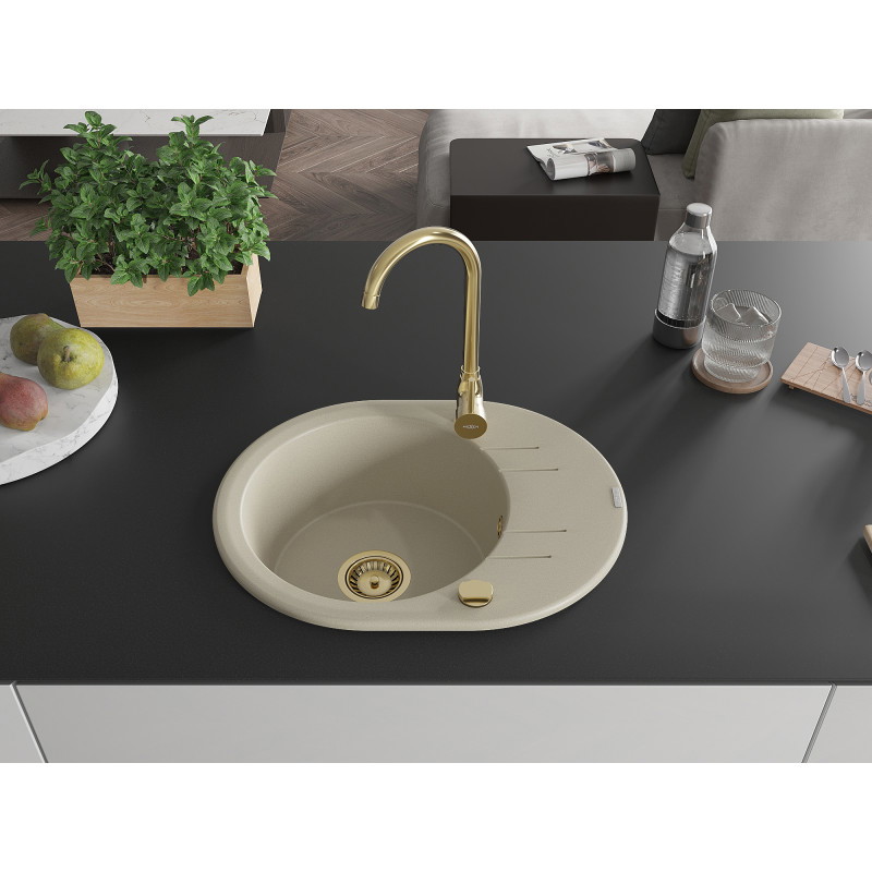 Mexen Kevin évier en granit à 1 bac avec égouttoir 586 x 458 mm, beige, siphon doré - 6517581005-69-G