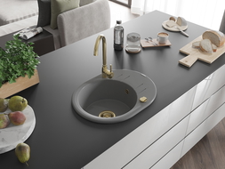Mexen Kevin évier en granit à 1 cuve avec égouttoir 586 x 458 mm, Gris, siphon Or - 6517581005-71-G