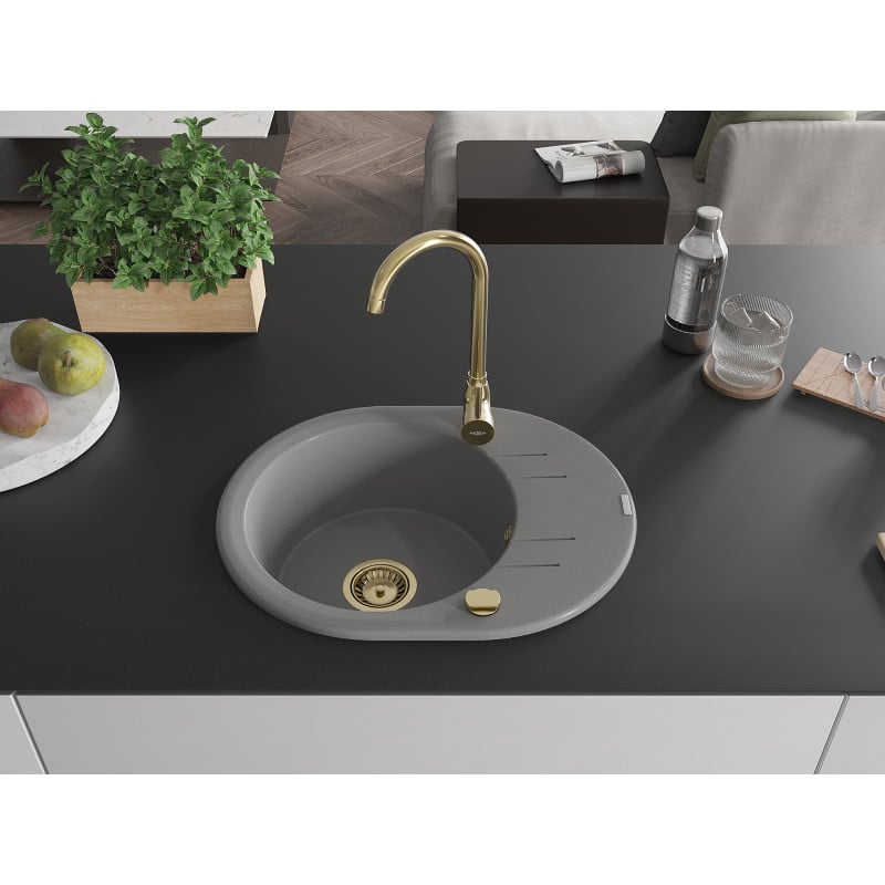 Mexen Kevin évier en granit 1 bac avec égouttoir 586 x 458 mm, gris, siphon doré - 6517581005-71-G