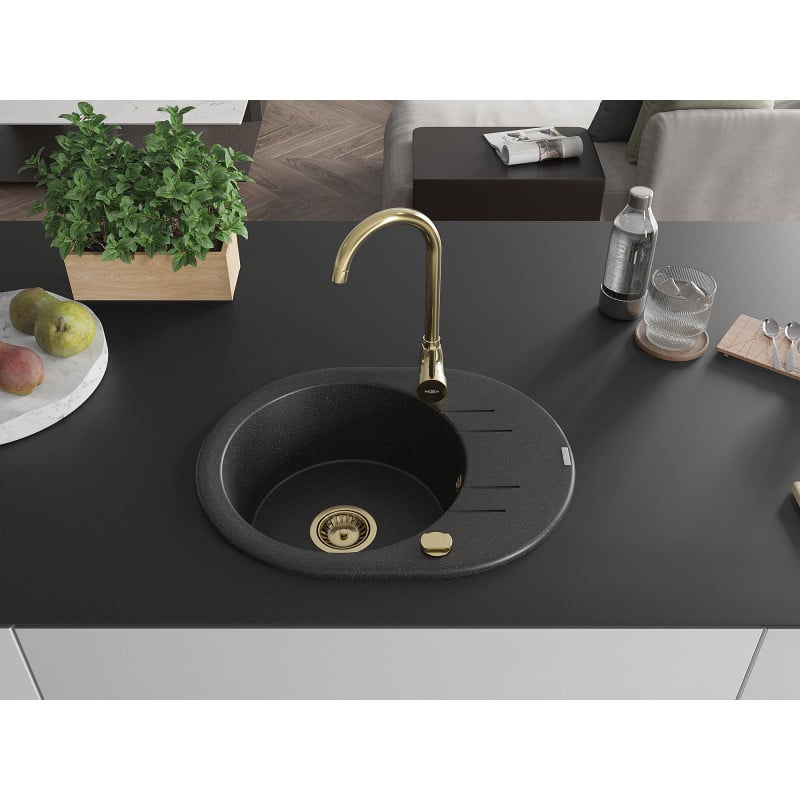 Mexen Kevin évier de cuisine en granit 1 bac avec égouttoir 586 x 458 mm, noir/argent métallique, siphon doré - 6517581005-73-G