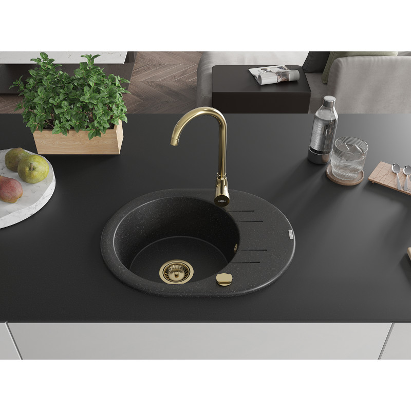 Mexen Kevin évier en granit 1 bac avec égouttoir 586 x 458 mm, noir/argent métallique, siphon doré - 6517581005-73-G