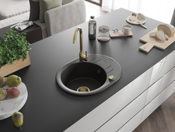 Mexen Kevin évier en granit à 1 cuve avec égouttoir 586 x 458 mm, Noir/Or métallique, siphon Or - 6517581005-75-G