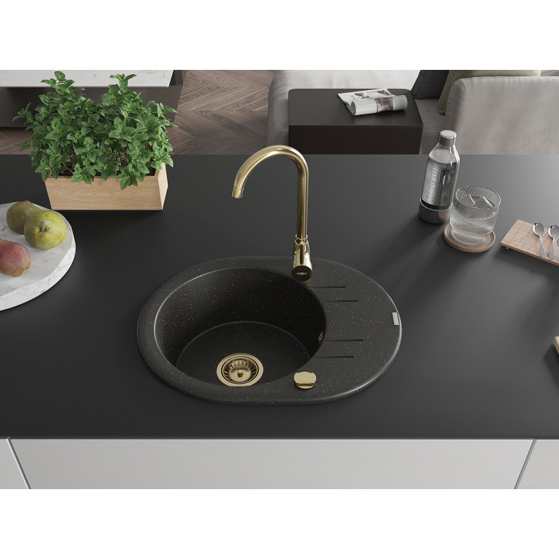 Mexen Kevin évier en granit à 1 bac avec égouttoir 586 x 458 mm, noir/métallique doré, siphon doré - 6517581005-75-G