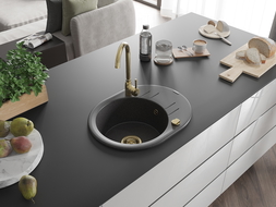 Mexen Kevin évier en granit à 1 cuve avec égouttoir 586 x 458 mm, Noir moucheté, siphon Or - 6517581005-76-G