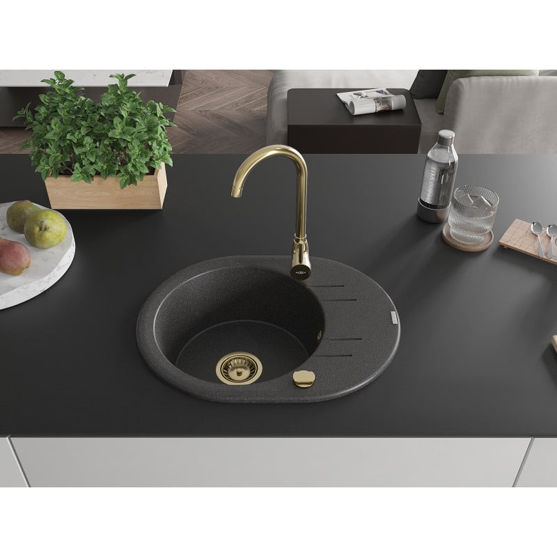 Mexen Kevin évier en granit à 1 bac avec égouttoir 586 x 458 mm, noir moucheté, siphon doré - 6517581005-76-G