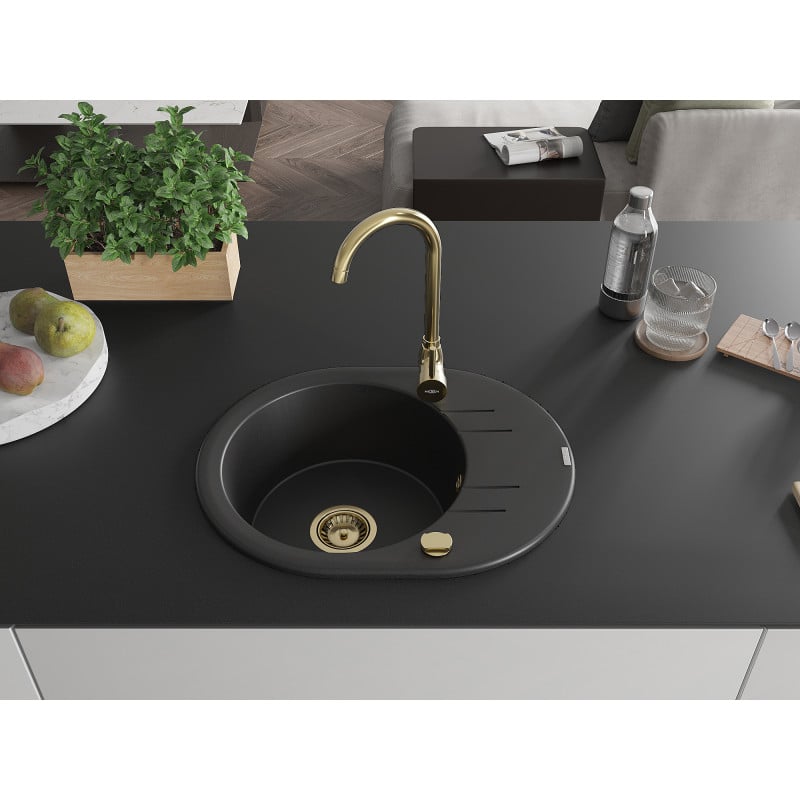 Mexen Kevin évier en granit 1 bac avec égouttoir 586 x 458 mm, noir, siphon doré - 6517581005-77-G