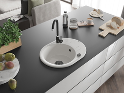 Mexen Kevin évier en granit à 1 cuve avec égouttoir 586 x 458 mm, Blanc, siphon Noir - 6517581005-20-B