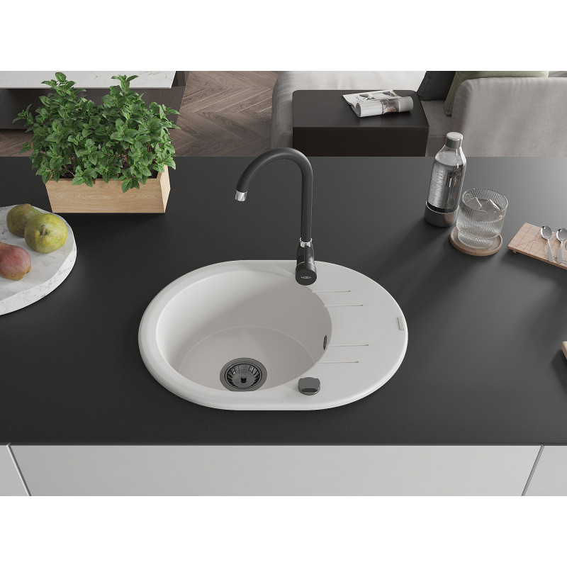 Mexen Kevin évier de cuisine en granit 1 bac avec égouttoir 586 x 458 mm, blanc, siphon noir - 6517581005-20-B