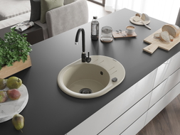 Mexen Kevin Évier en granit 1 cuve avec égouttoir 586 x 458 mm, beige, siphon noir - 6517581005-69-B