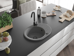 Mexen Kevin évier en granit à 1 cuve avec égouttoir 586 x 458 mm, Gris, siphon Noir - 6517581005-71-B