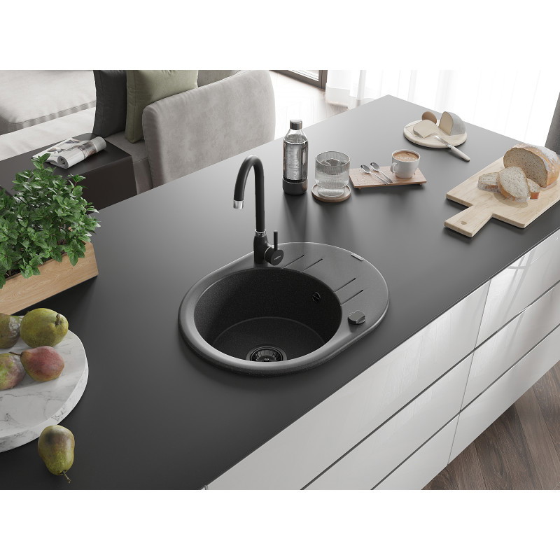 Mexen Kevin Évier en granit à 1 bac avec égouttoir 586 x 458 mm, noir moucheté, siphon noir - 6517581005-76-B