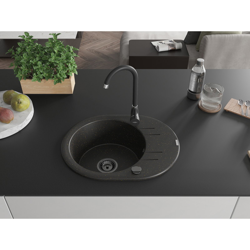 Mexen Kevin évier en granit 1 bac avec égouttoir 586 x 458 mm, noir/or métallisé, siphon noir - 6517581005-75-B
