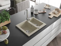 Mexen Carlos évier en granit à 1,5 cuve 582 x 475 mm, Beige, siphon Chrome - 6518581500-69