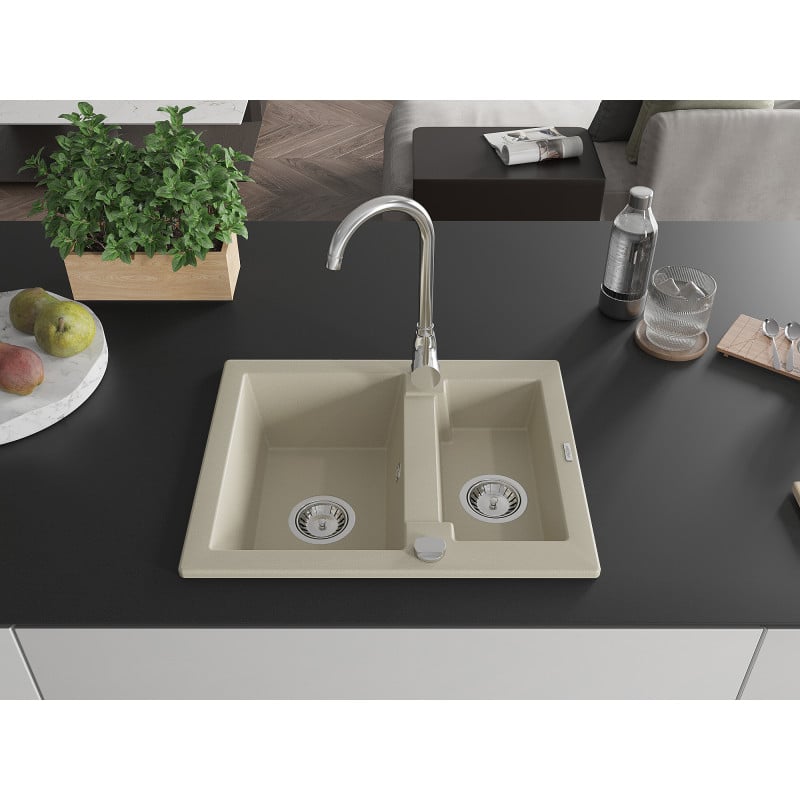Mexen Carlos évier en granit 1,5 bac 582 x 475 mm, beige, siphon chromé - 6518581500-69