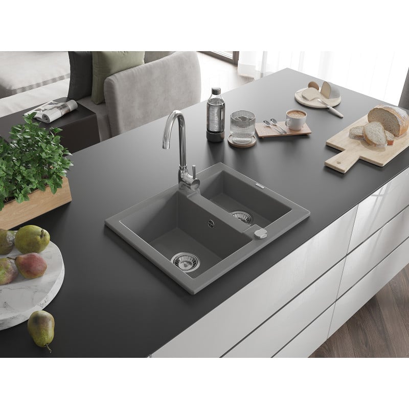 Mexen Carlos évier en granit 1,5 bac 582 x 475 mm, gris, siphon chromé - 6518581500-71