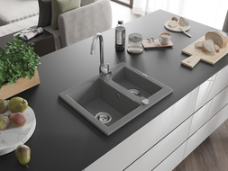 Mexen Carlos évier en granit à 1,5 cuve 582 x 475 mm, Gris, siphon Chrome - 6518581500-71