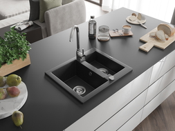 Mexen Carlos évier en granit à 1,5 cuve 582 x 475 mm, Noir/ Argent métallique, siphon Chrome - 6518581500-73