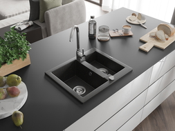 Mexen Carlos évier en granit à 1,5 cuve 582 x 475 mm, Noir/Or métallique, siphon Chrome - 6518581500-75