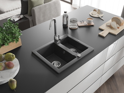 Mexen Carlos évier en granit à 1,5 cuve 582 x 475 mm, Noir moucheté, siphon Chrome - 6518581500-76
