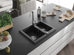 Mexen Carlos évier en granit 1,5 bac 582 x 475 mm, noir, siphon chromé - 6518581500-77