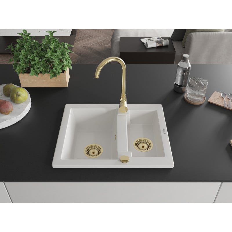 Mexen Carlos évier en granit 1,5-bac 582 x 475 mm, blanc, siphon doré - 6518581500-20-G
