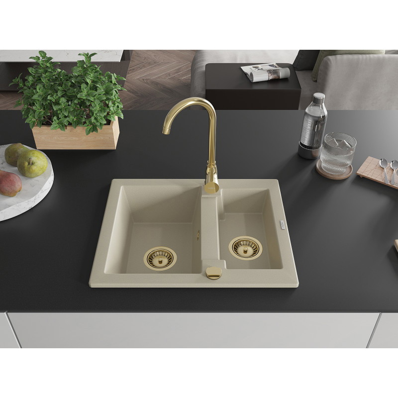 Mexen Carlos évier en granit 1,5 bac 582 x 475 mm, beige, siphon doré - 6518581500-69-G