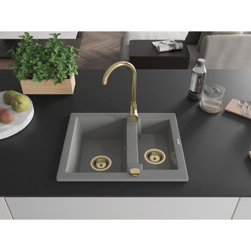 Mexen Carlos évier en granit 1,5 bac 582 x 475 mm, gris, siphon doré - 6518581500-71-G